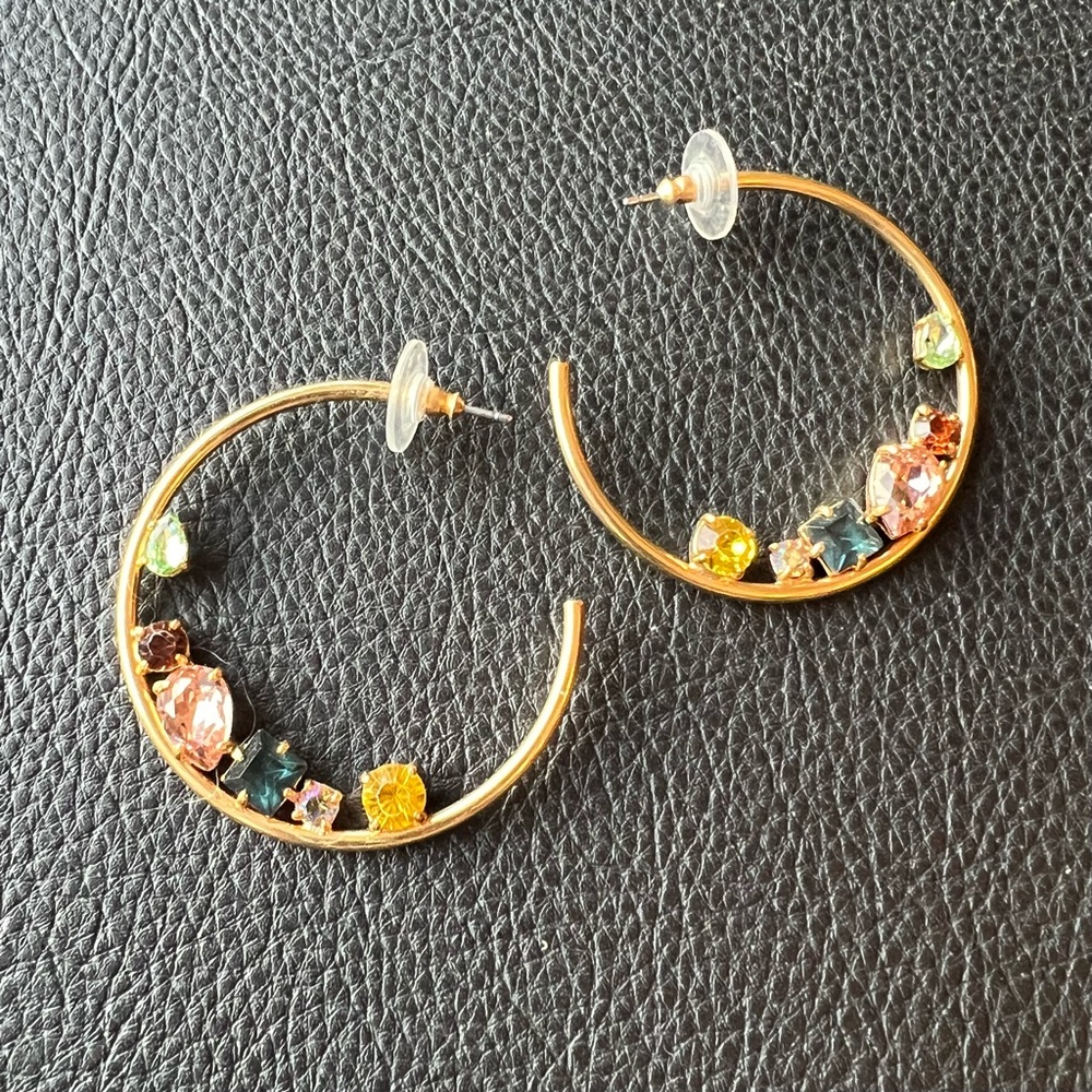 J. Crew Gold Hoop Earrings with Pink, Yellow, Green and Blue Stones